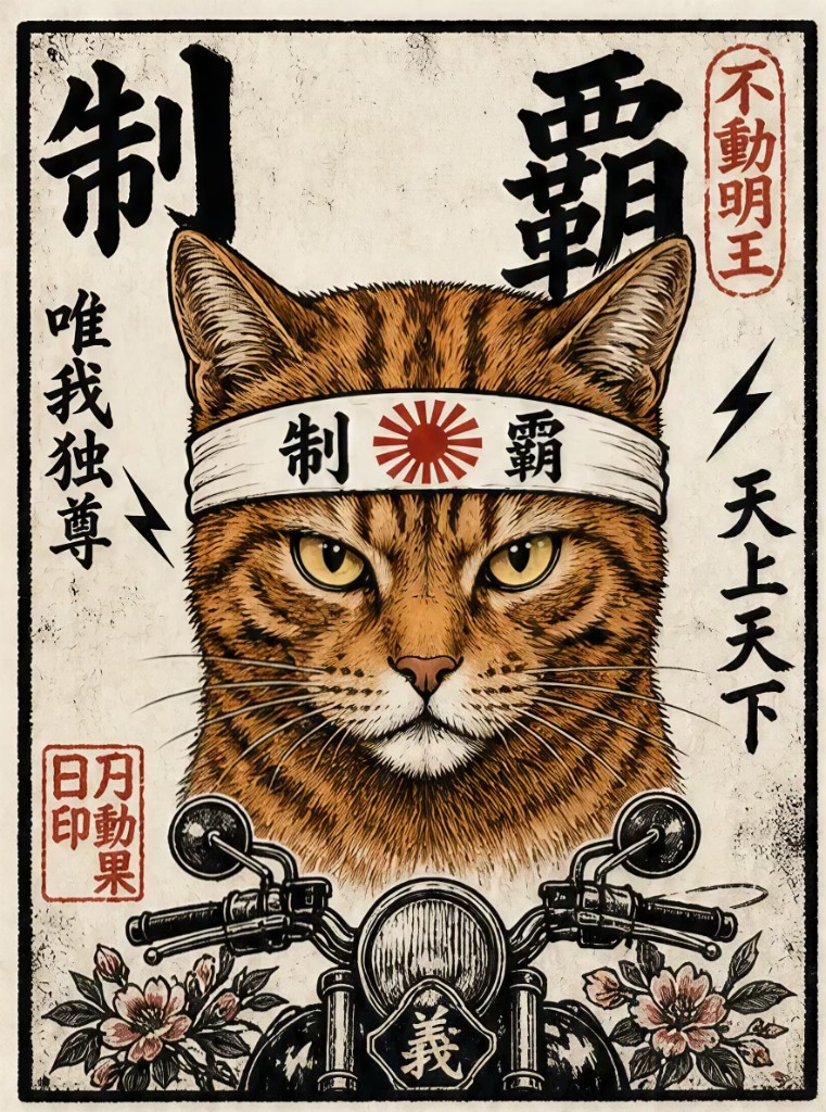 制霸櫻花機車貓 AI 寵物海報