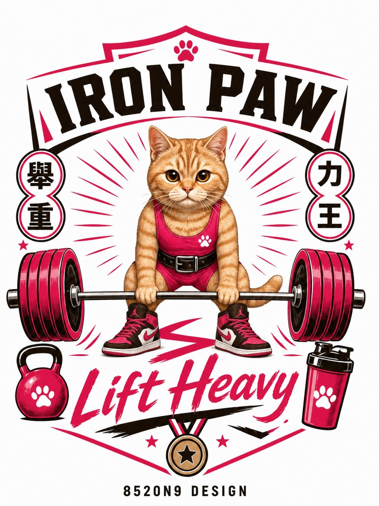 鐵爪舉重 粉紅（Iron Paw）AI 寵物海報範例
